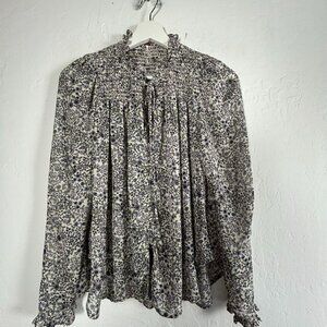 Free People Womens Long Sleeve Floral Print Smocked Blouse Small Ruffle Trim Top